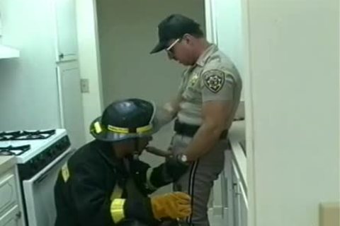 Police Office And Fireman Do bawdy Things In The Kitchen