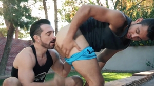 Hot House: Nice Jimmy Durano in shorts condom pumping in park
