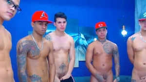 Five Tattooed friends wanking His rod